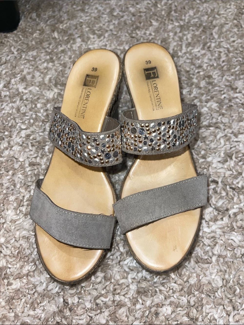 Florentine Made in Italy Gray Suede Two-Strap Mules with Embellished Upper